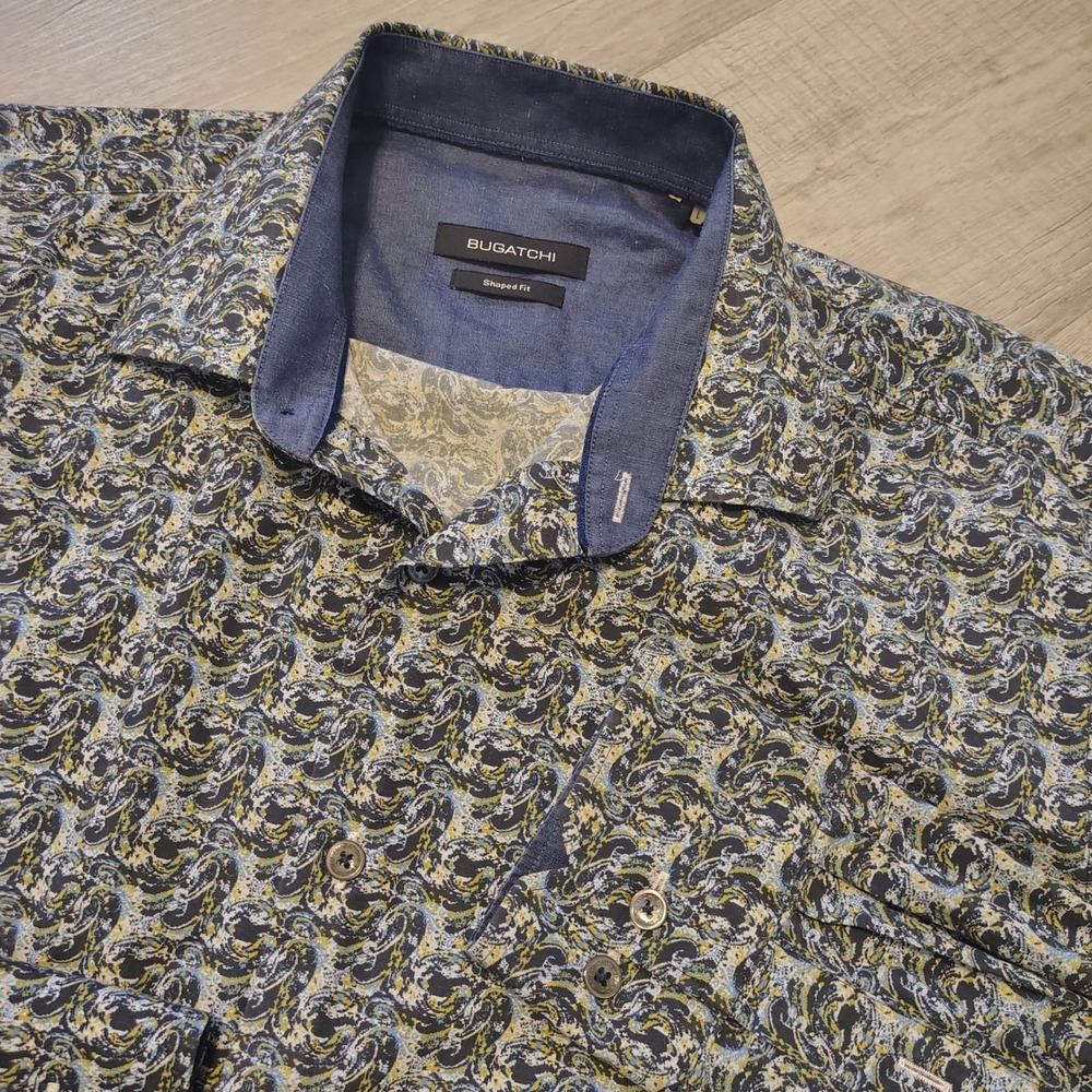 Bugatchi Mens Shaped Fit Long Sleeve Button Down Shirt Blue Yellow Paisley L